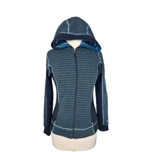 KUHL Chianti Fleece Hooded Full Zip Sweater Jacket Size Small Womens Blue Stripe - Picture 1 of 10